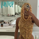Lunivop Gold Sequin 2 Piece Knit Set Women Hooded Top And Shorts Trashy Y2K Streetwear Sexy Summer